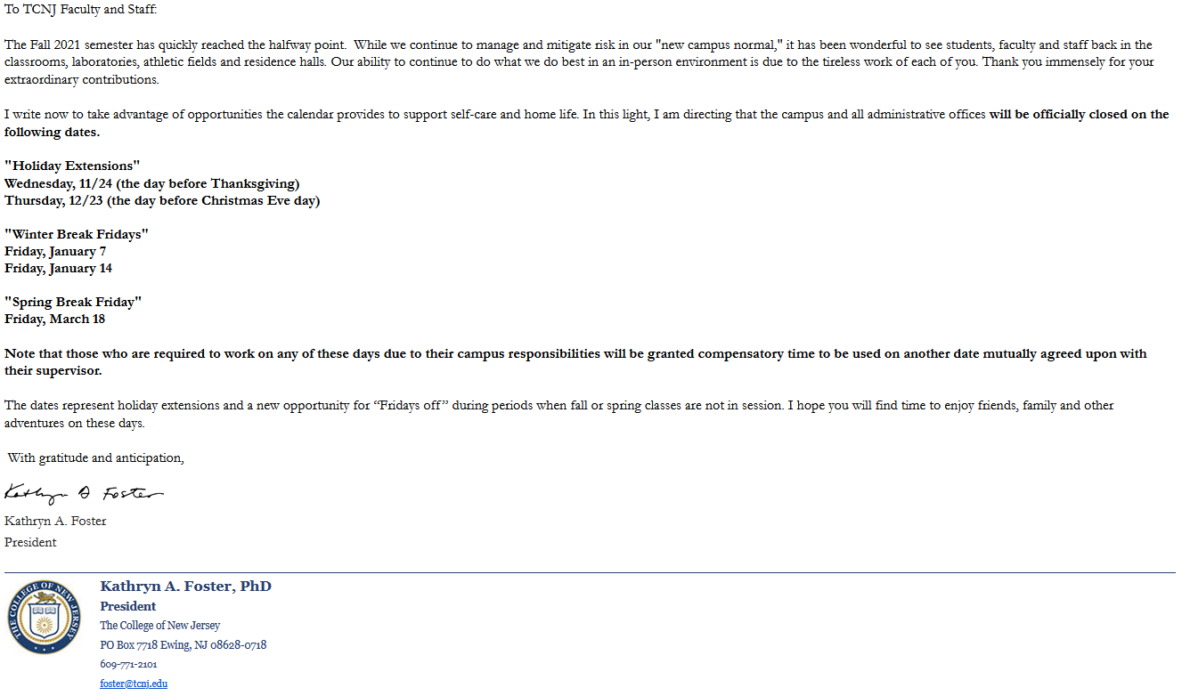 Tcnj Academic Calendar 2022 23 2022 Holiday And Energy Leave Schedule | Office Of Human Resources